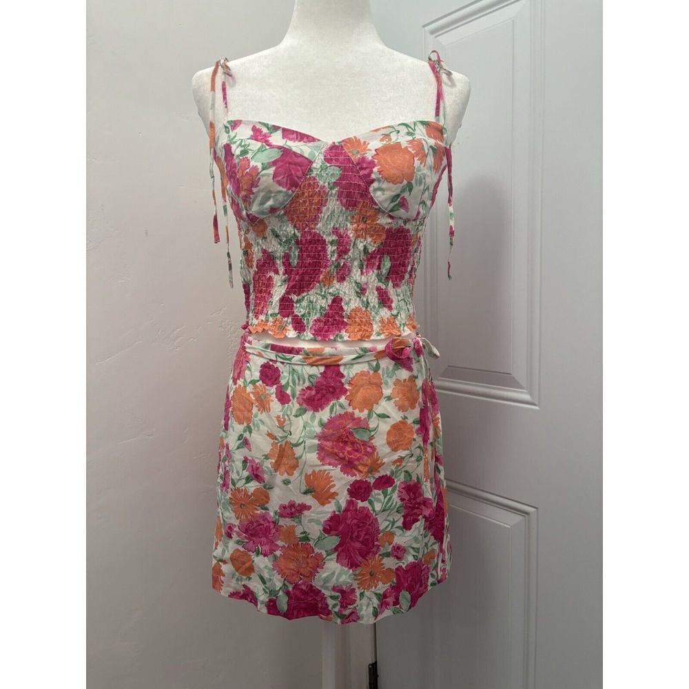 WAYF Skirt Top Set Womens Medium Pink Floral Boho Smocked Blouse Tie Strap Girly